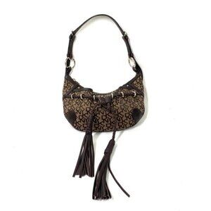 DKNY Signature Small Tassel Hobo Shoulder Bag - Brown/Tan Faux Leather/Canvas